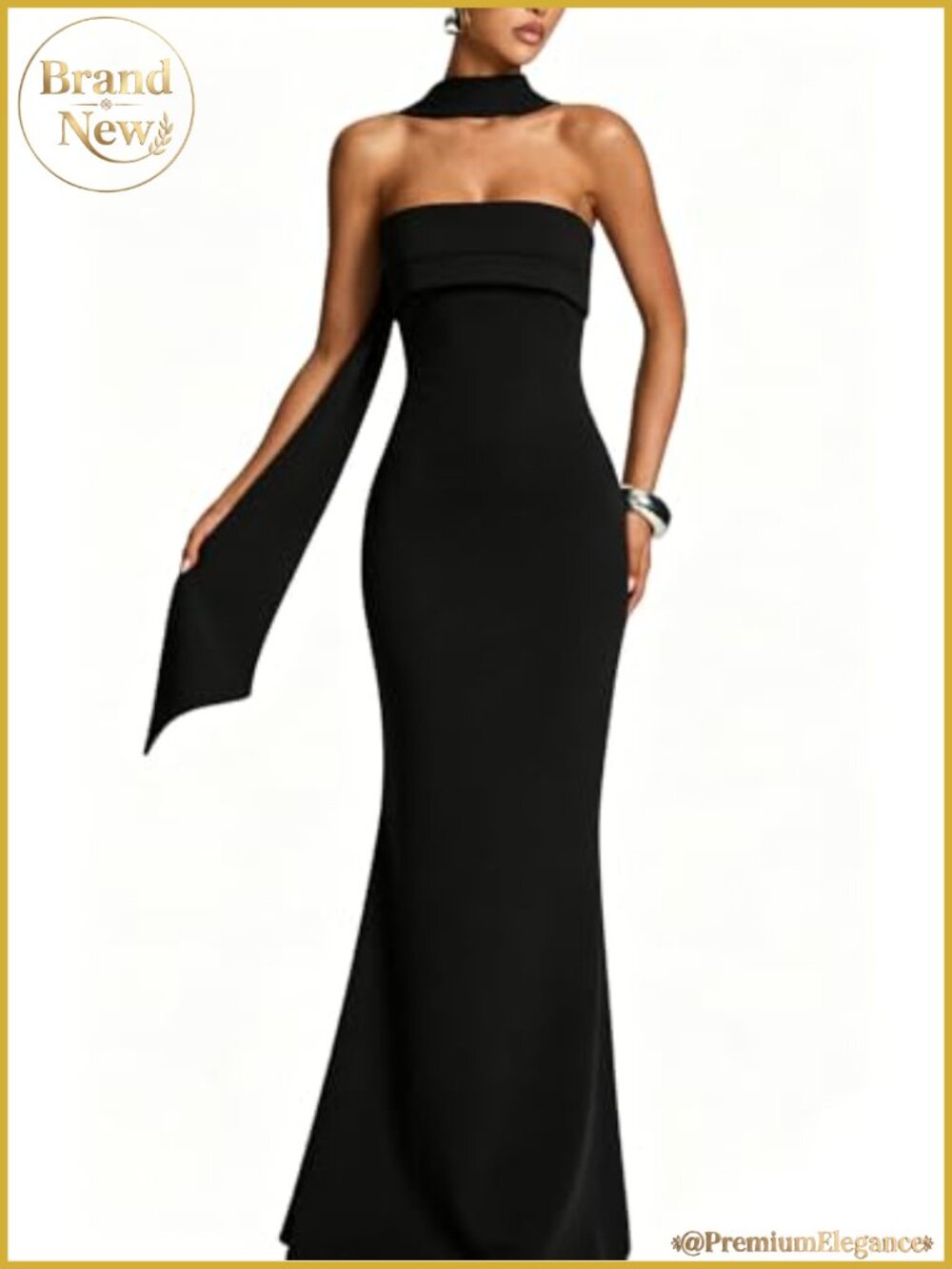 Strapless Bodycon Maxi Dress with Neck Scarf Formal Wedding Guest